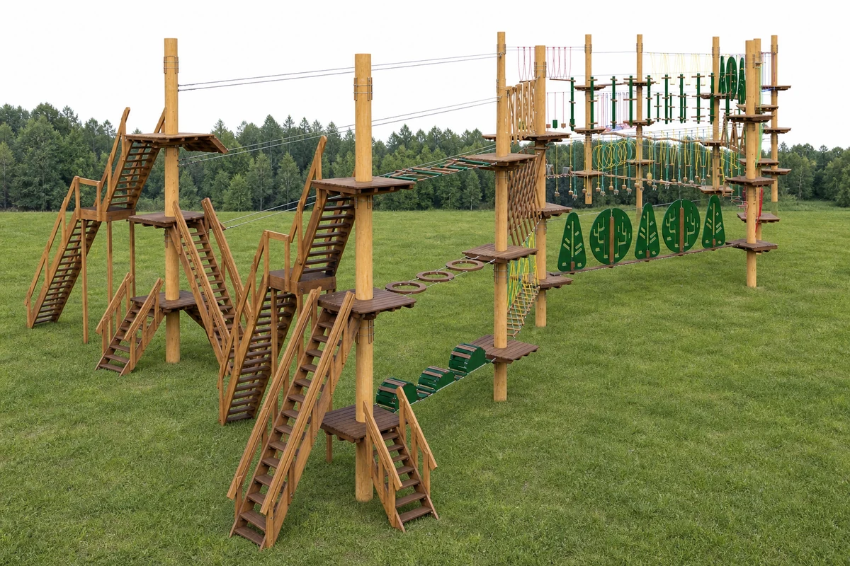 3 маршрута 30 этапов — верёвочный парк, на искусственных опорах